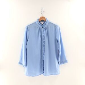 Riley & Rae baby Blue Stand Collar Ruffle trim button‎ up Blouse Medium